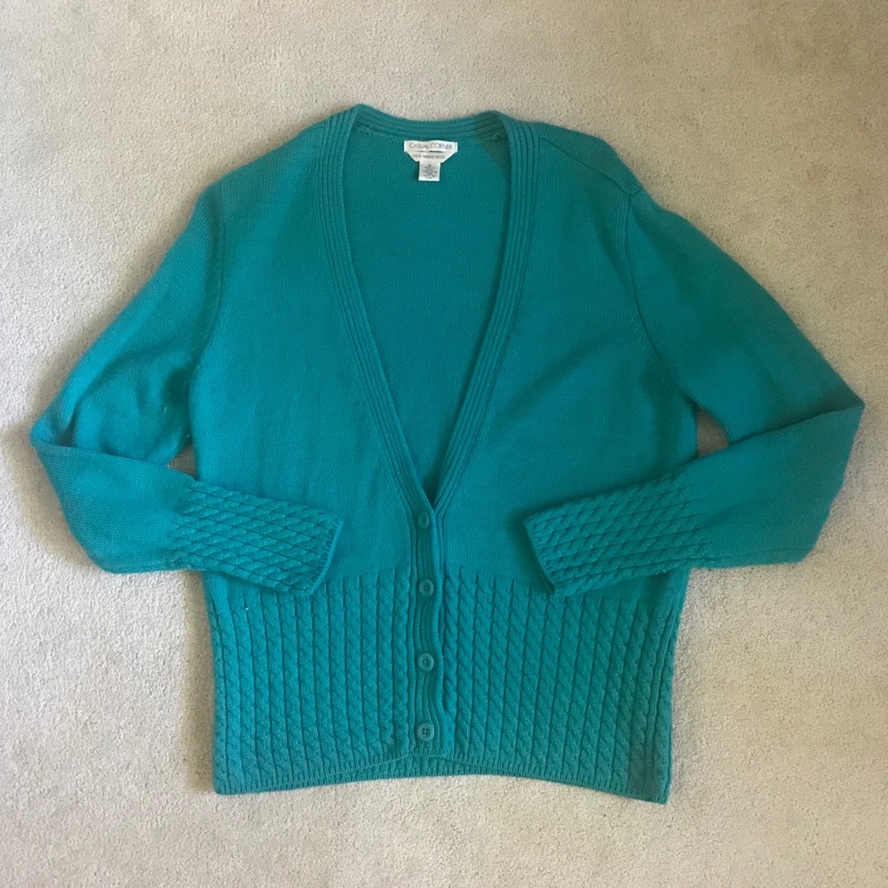 Casual Corner Teal Cable-Knit Button Cardigan